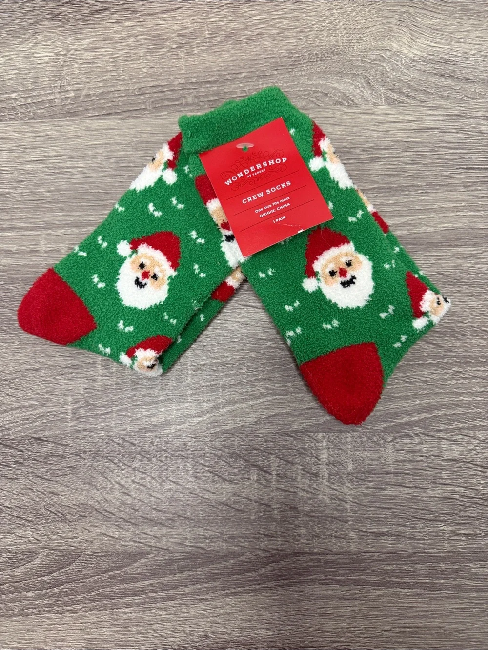 Wondershop Christmas Green & Red Santa Fuzzy Crew Socks One Size